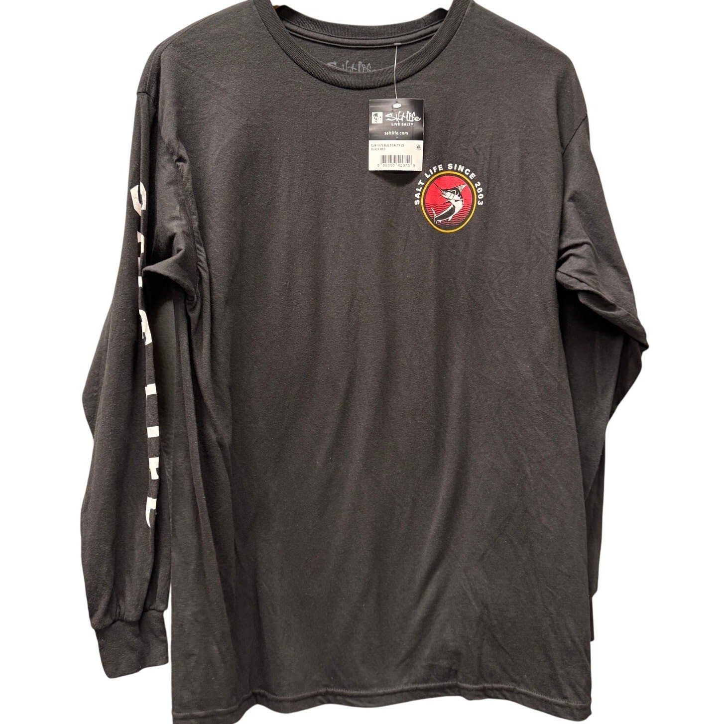 Salt Life T-Shirt Mens Medium Black Long Sleeve Spellout Sleeve Pre-Shrunk NEW