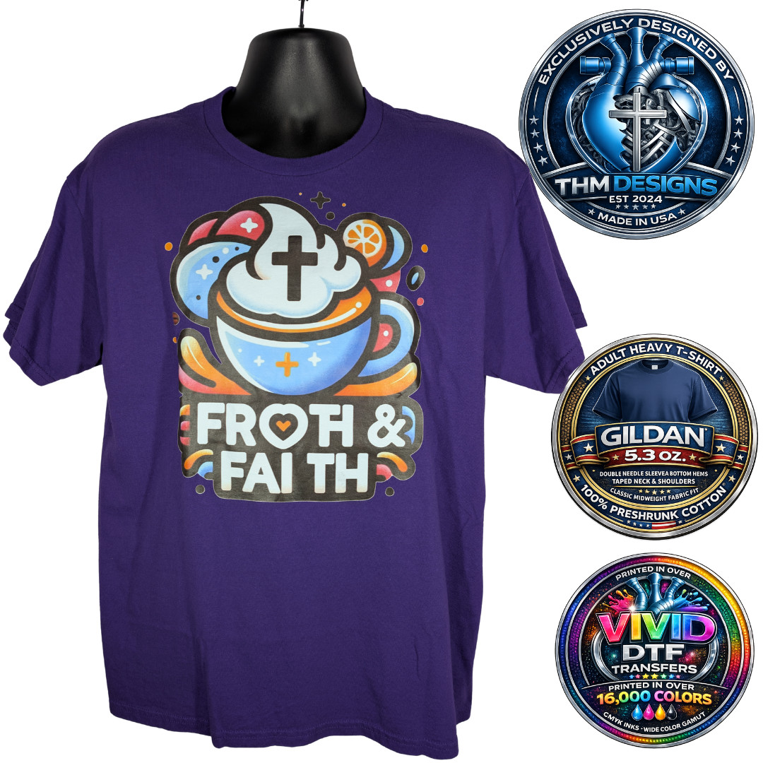 NWT Gildan G500 Purple Froth & Faith Christian Coffee Graphic T-Shirt Adult L gallery