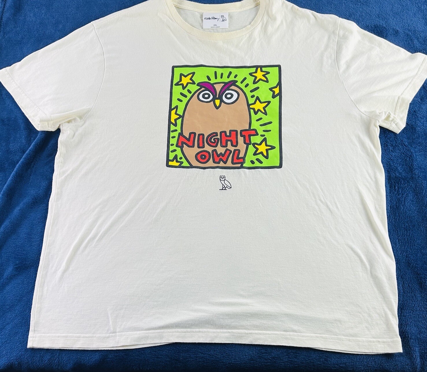 Keith Haring NIGHT OWL T-Shirt Mens XXL 2XL white Highlighter Neon Green