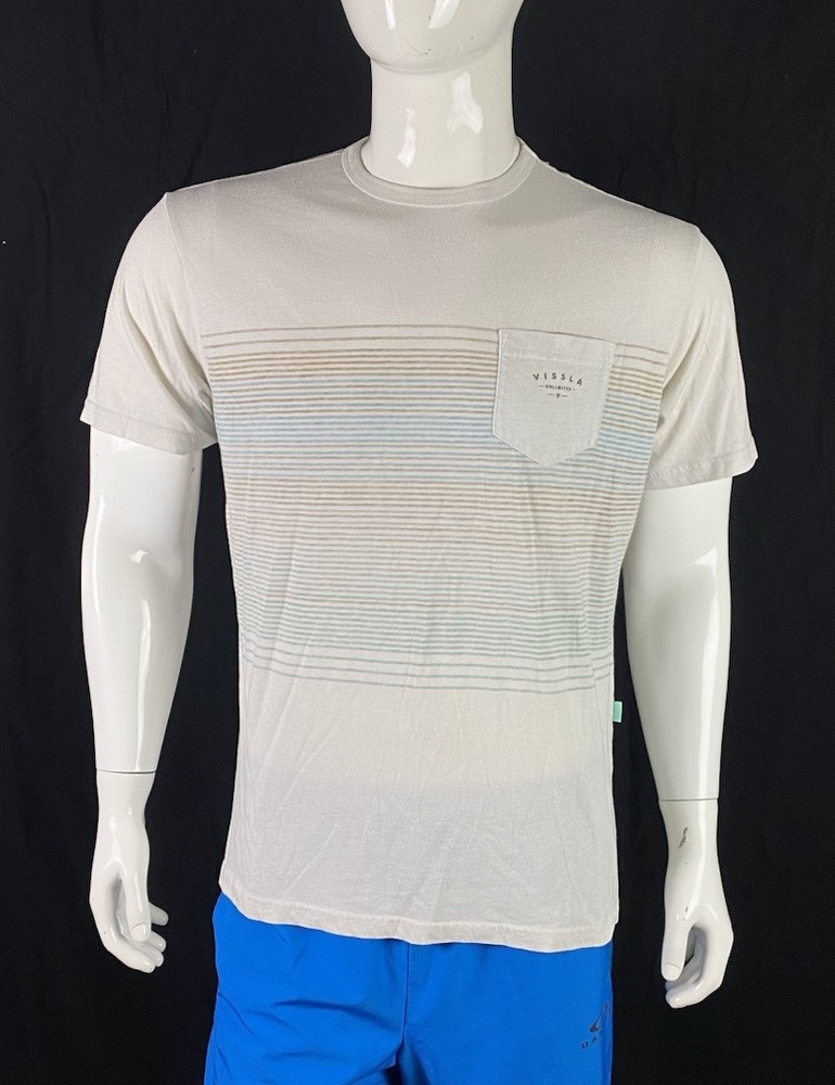 VISSLA Front Pocket Horizontal Stripe Ivory T Shirt, A Grade, Men’s Size Medium