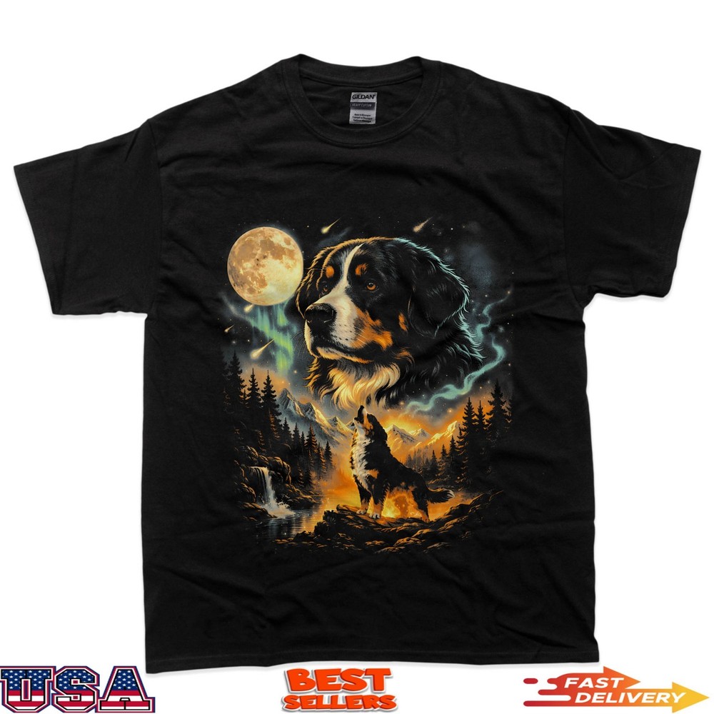 Bernese Mountain Dog Howling Moon Vintage 90S Dog Meme T-Shirt