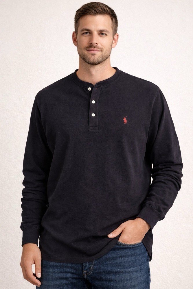 Polo Ralph Lauren Featherweight Mesh Henley Shirt Mens XXL Black Long Sleeve