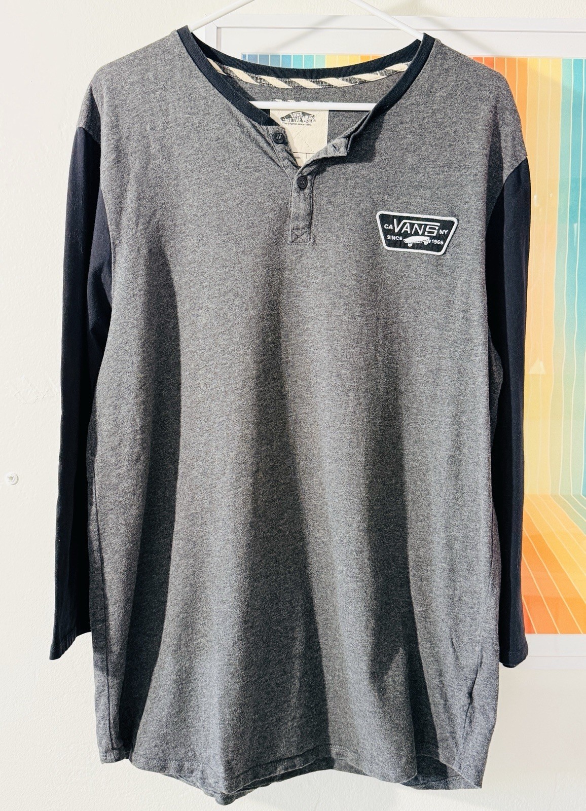 VANS Off The Wall Men's Henley 3/4 Sleeve T-Shirt Gray Black Size L 2013 Vintage gallery