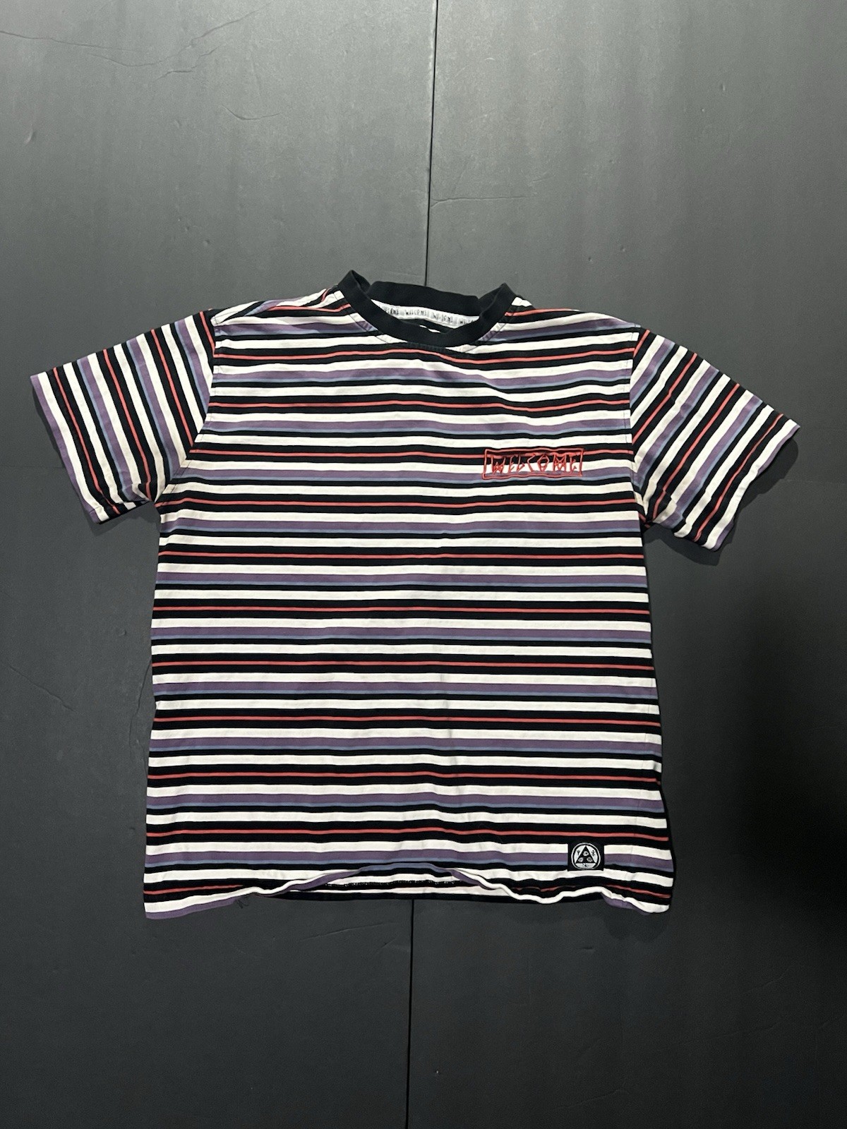 Welcome Skateboards multicoloured striped tee Size S armpit stains #skateboard gallery