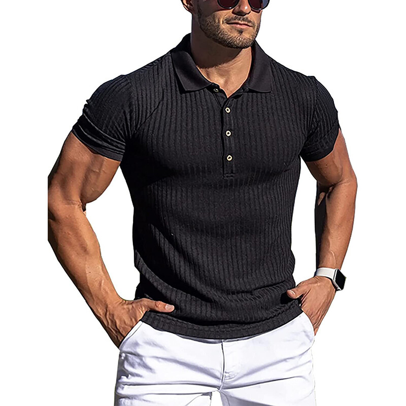 Mens Tee Short Sleeve T-Shirt Summer Ribbed Stretch Slim Fit Casual Blouse Tops gallery