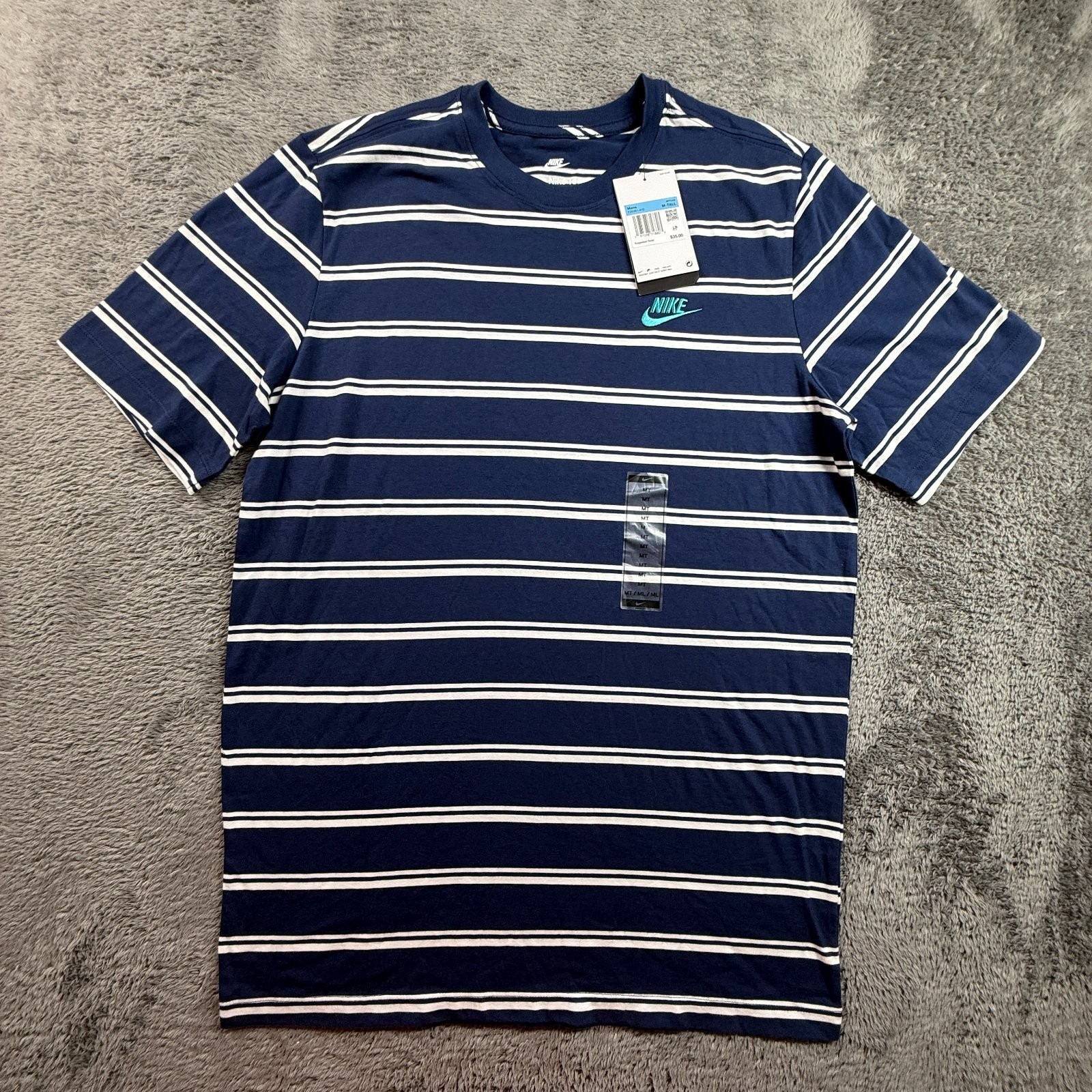 Nike Sportswear M Tall Mens Blue White Striped T-Shirt Tee Crew Neck Cotton