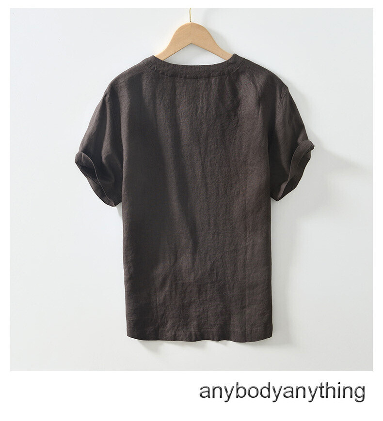 New Men 100% Linen T-shirt Retro V Neck Summer Short Sleeves Tops Casual Undersh gallery