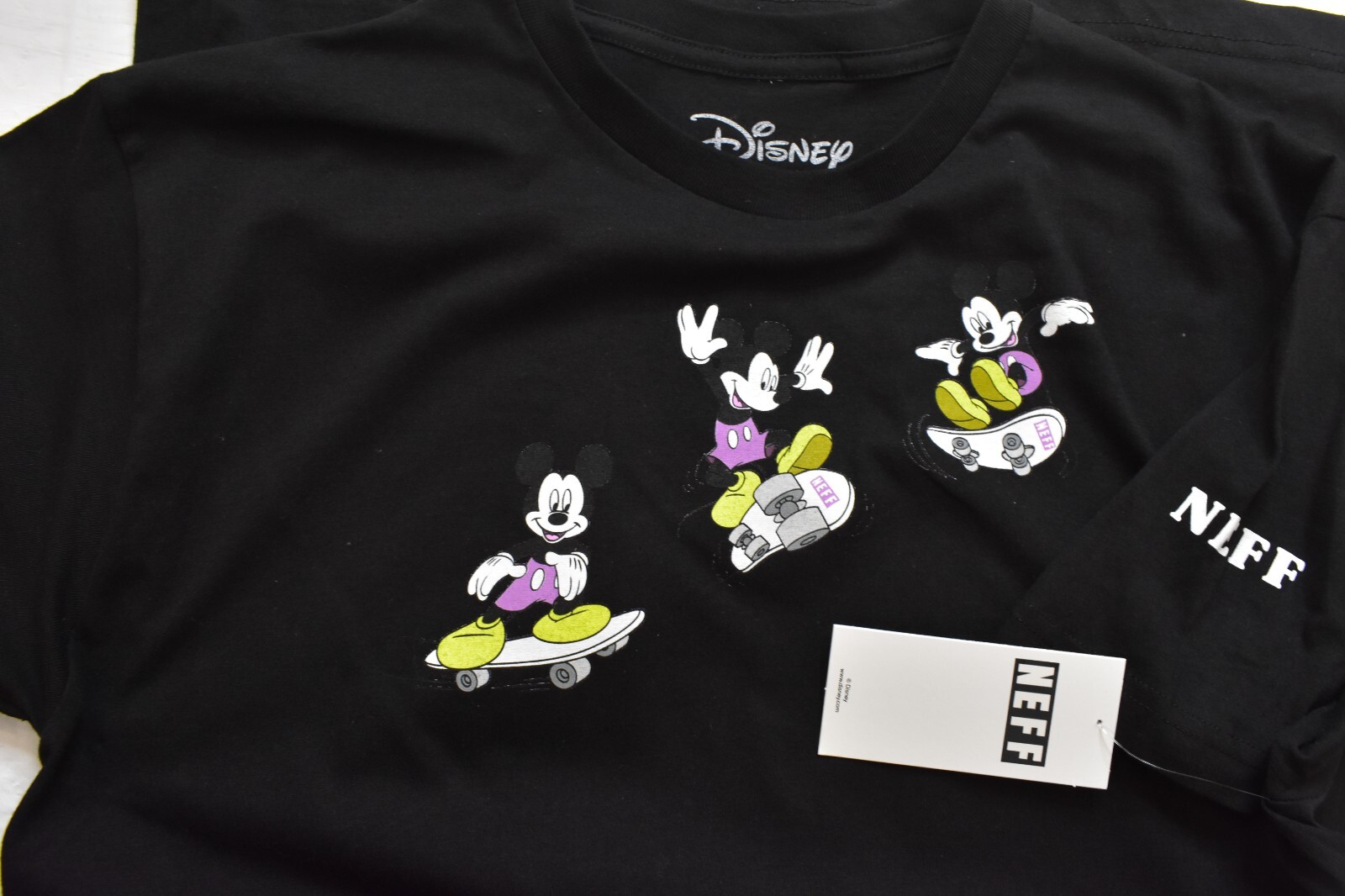 Neff x Disney Mens Mickey Mouse Skateboarding Kick Flip Landed It Shirt NWT S-XL gallery