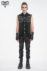 Devil Fashion Men Black Gothic Punk Chain Deco Top Net Splicing Sleeveless Shirt