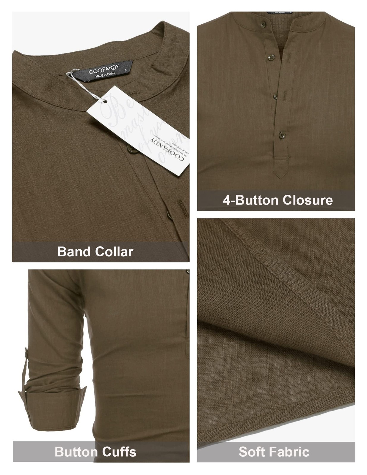 Men's Cotton Hemp Long Sleeve Casual Beach Henley Shirt(BROWN,XL) gallery
