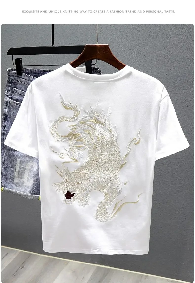 Men's Panther Embroidery Short Sleeve T-Shirt Urban Streetwear Casual Tee gallery