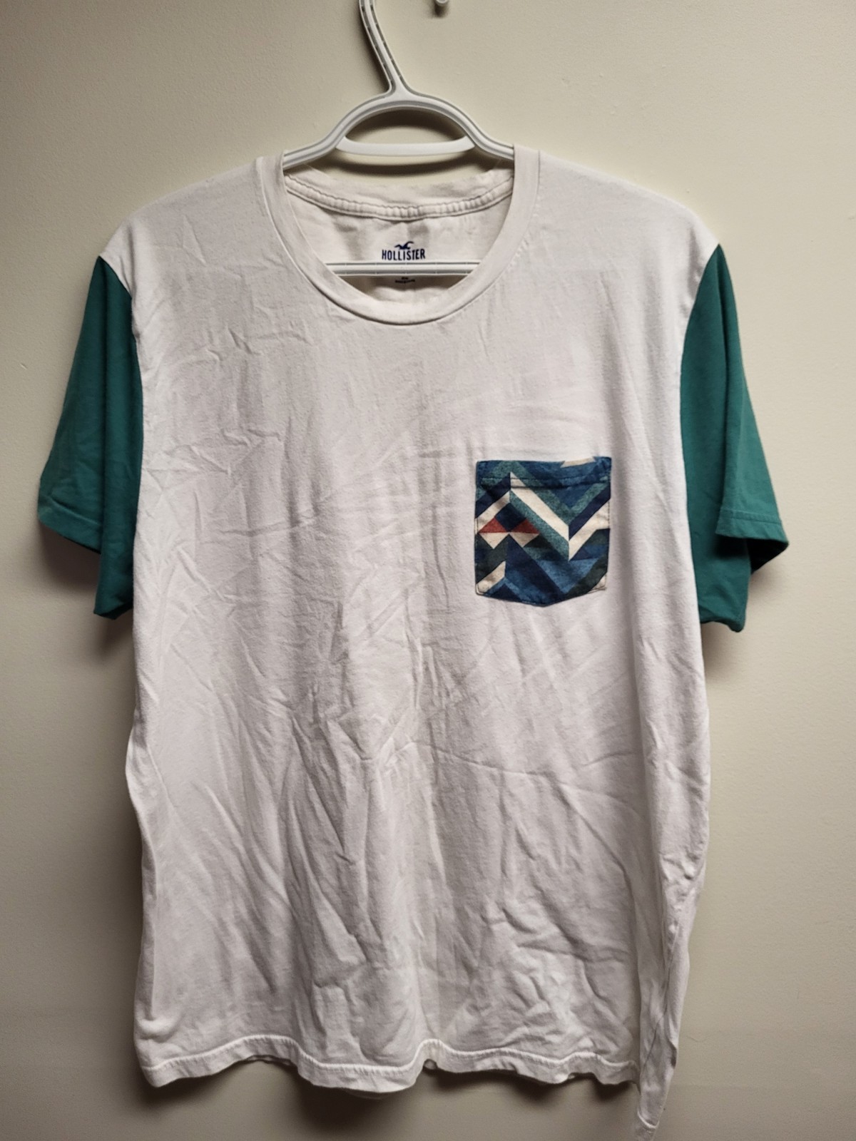 Hollister Pocket T Shirt Men's XL White Teal Colorblock Short Sleeve Tee gallery