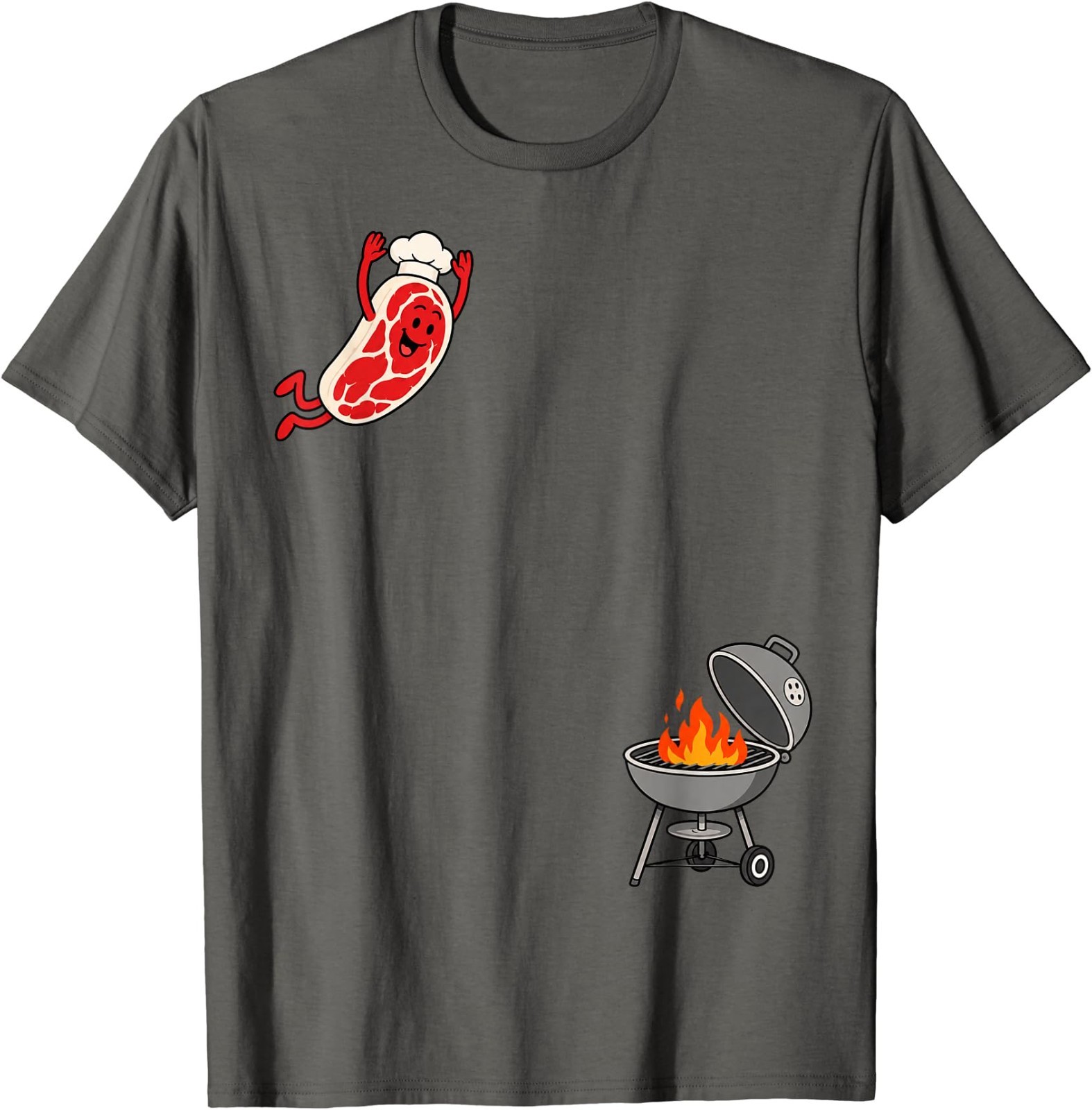 Funny Chef Steak Jumping Into BBQ Grill Cartoon T-Shirt gallery