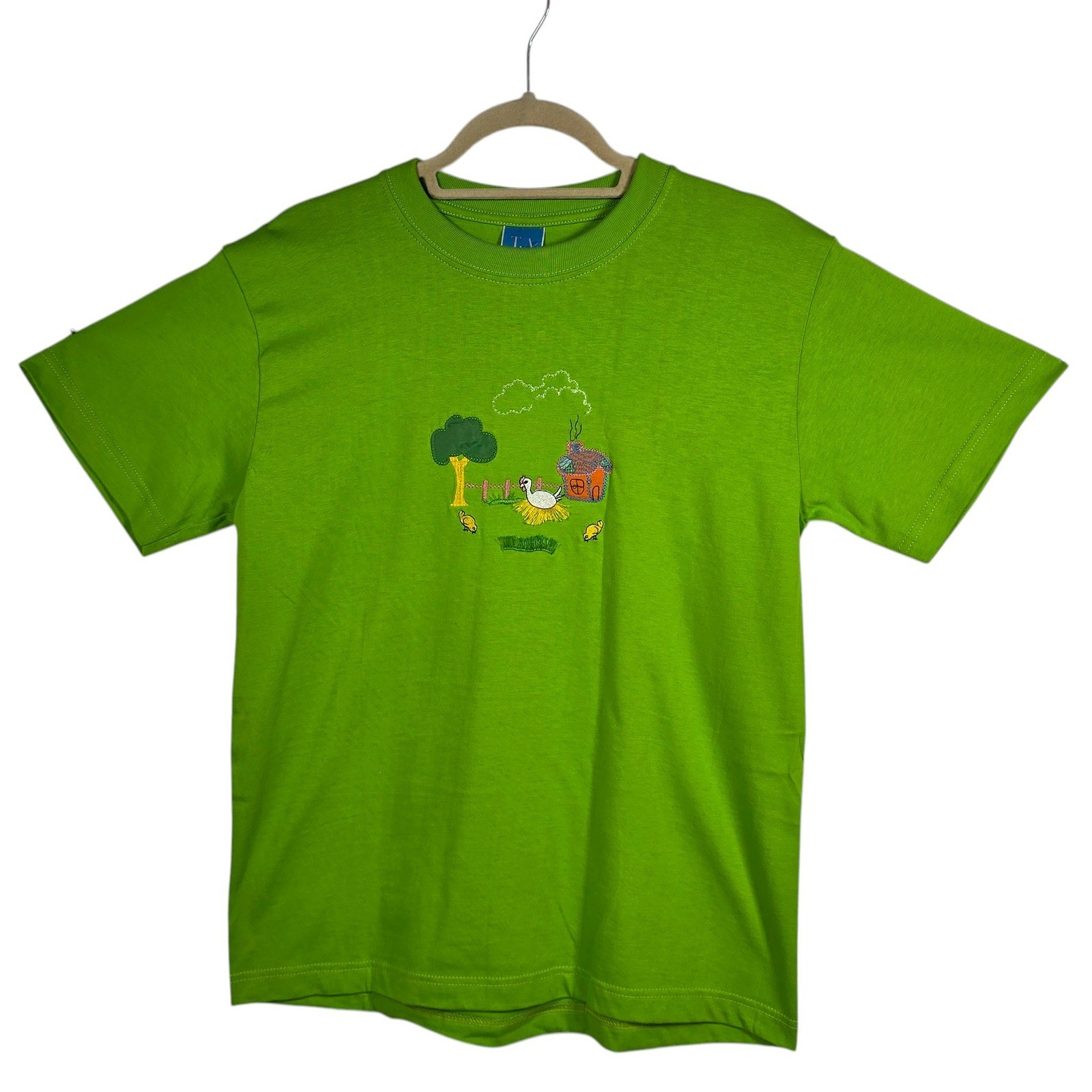 T.A Lime Green Embroidered Farmcore T-Shirt Unisex Medium Cotton Animal Lover