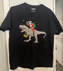 MAD Engine Tee Christmas Theme Dinosaur Santa Black Short Sleeve XL