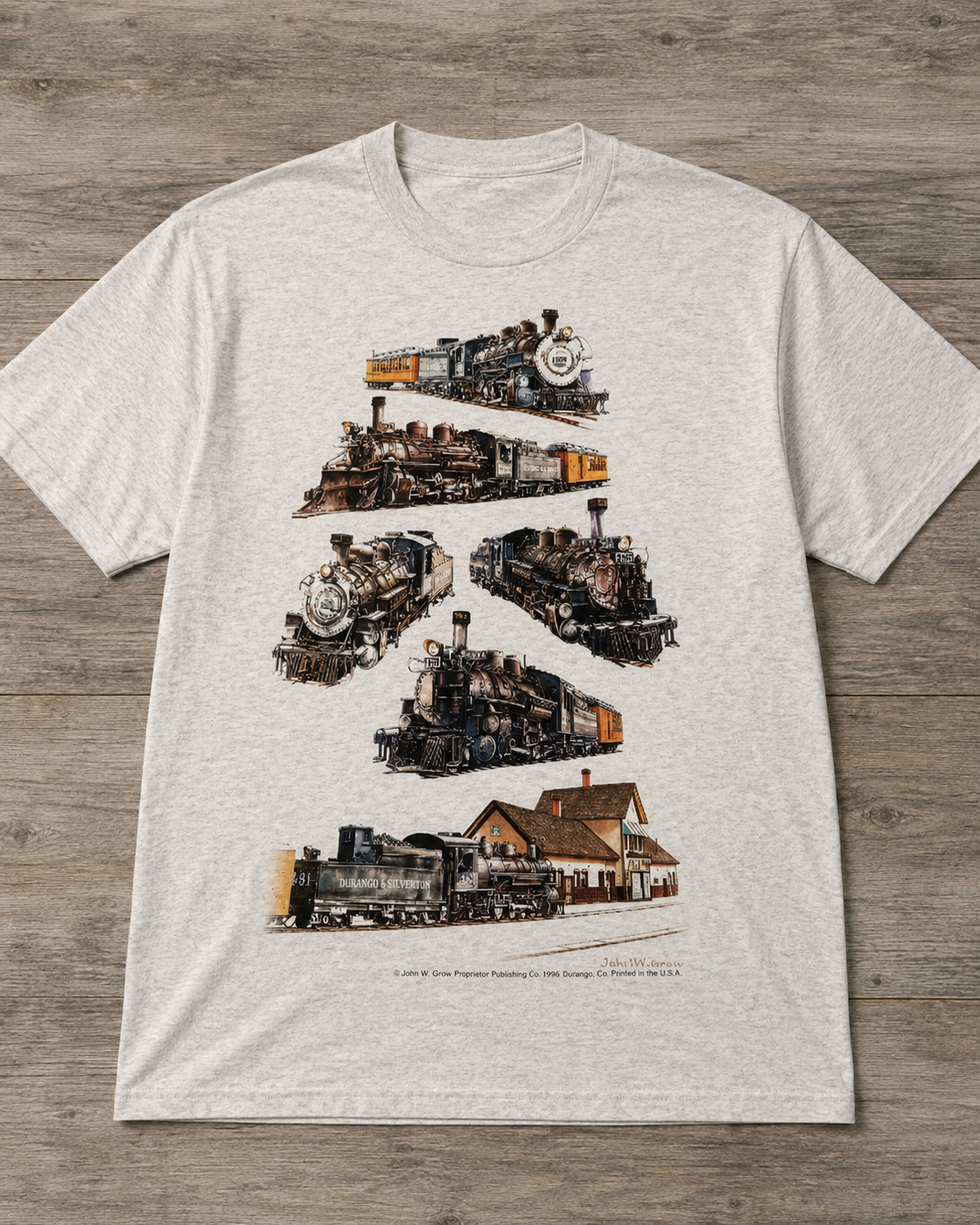 VTG Train Locomotive Graphic T Shirt XL Railroad Railway Art Tee John W. Grow