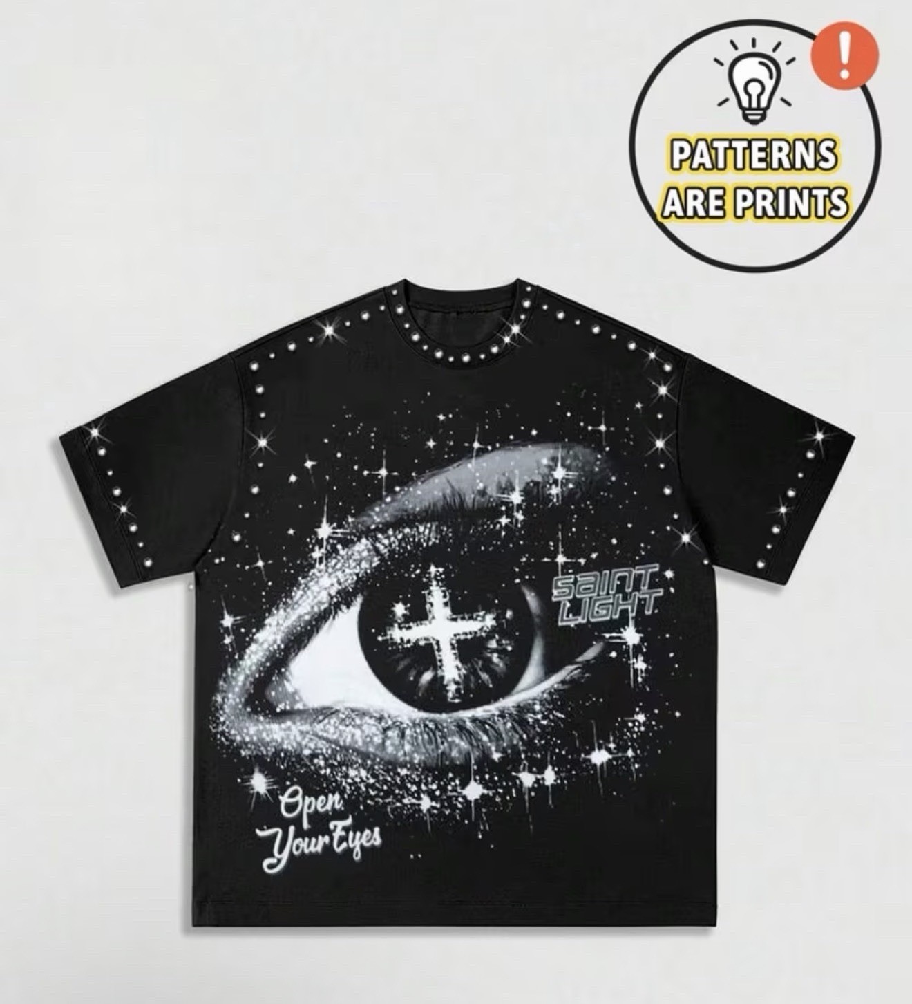 Saint Light Open Your Eyes Studded Graphic Rhinestone Men's Black T-Shirt S-XXL gallery