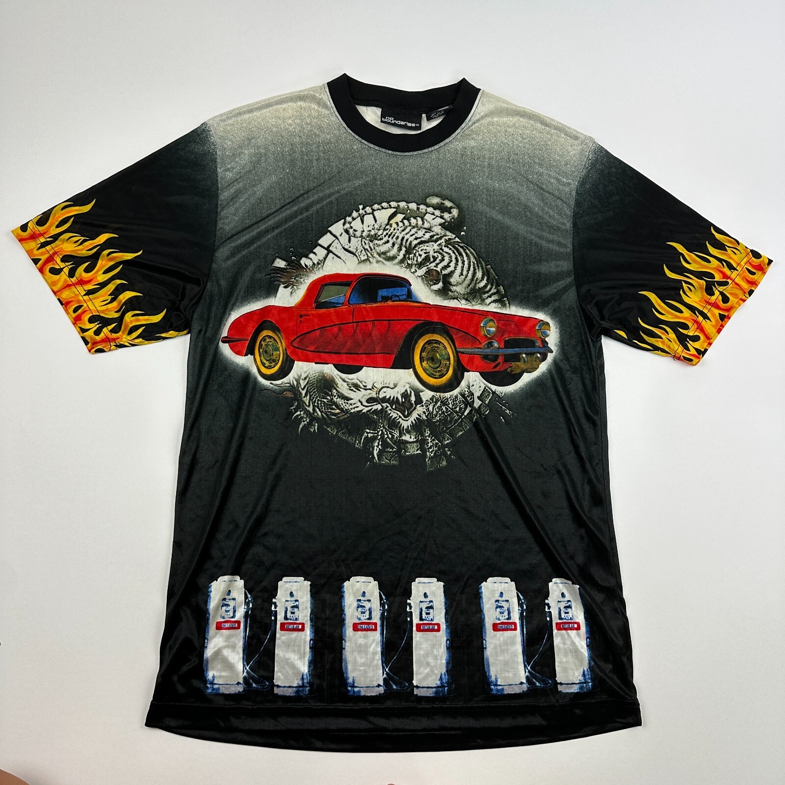 VTG Y2K No Boundaries Sheer T-Shirt S/S Car Flames Gasoline Tiger Sz M Polyester gallery