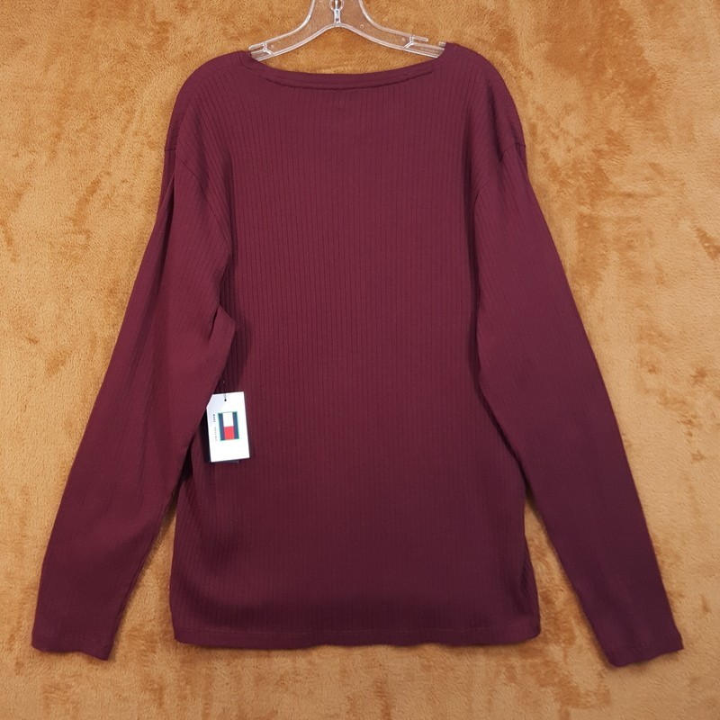 TOMMY HILFIGER Shirt Mens XL Maroon Pullover Crew Long Sleeve Ribbed Knit gallery