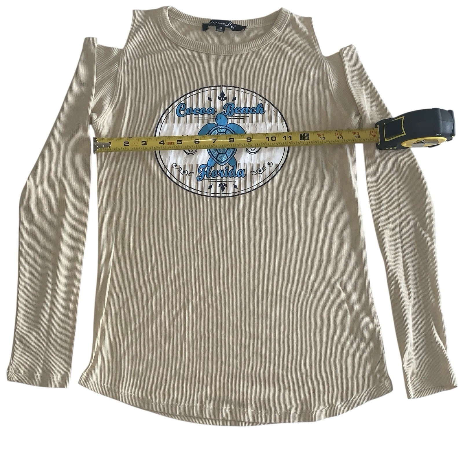 Miami Style M Long-Sleeve Cold-Shoulder Beige Cocoa Beach Florida Turtle Top gallery