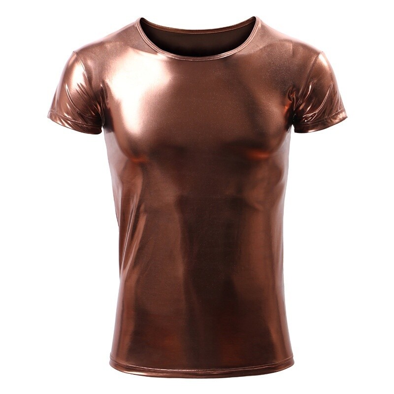 Men's Faux Leather T-Shirt Tops Shiny Metallic Wet Look Fitted Stage Club Wear gallery