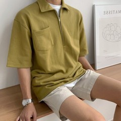 Half Zip Short Sleeve Men Summer Lapel Top Solid Color Half Sleeve T-shirt Tee