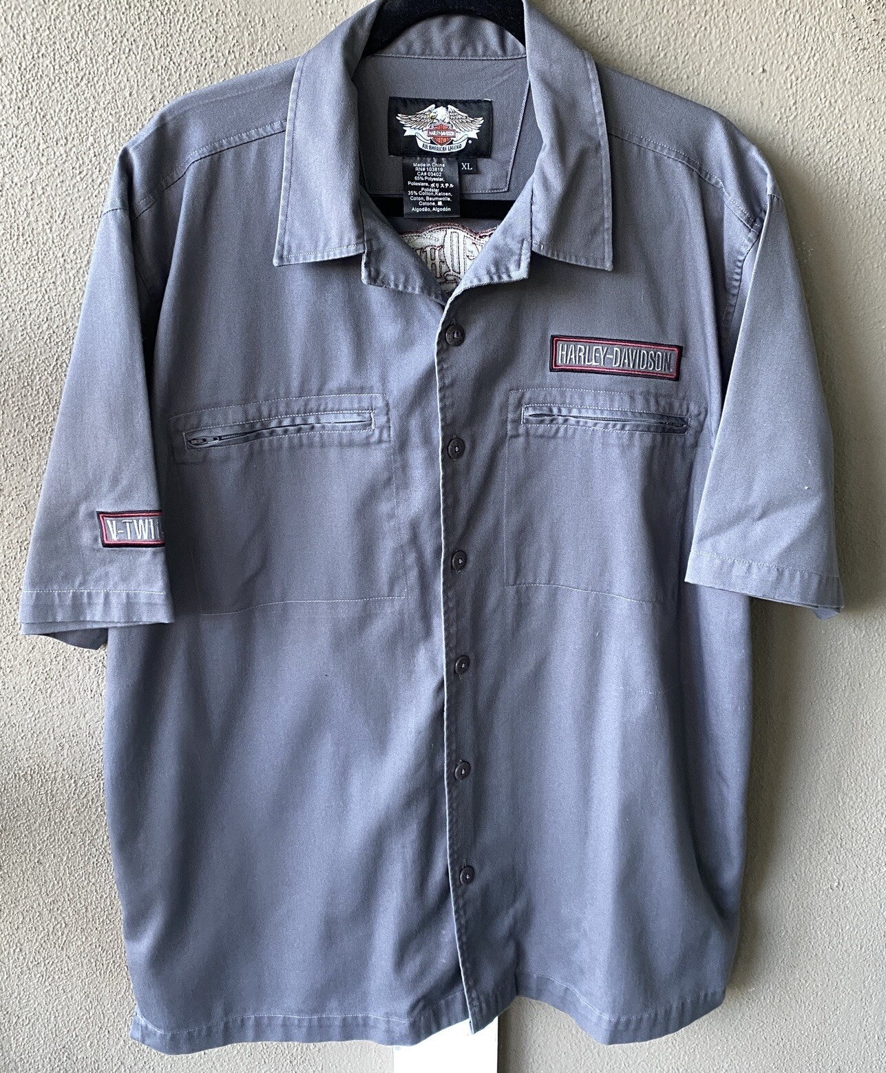 Harley-Davidson Mens Shirt XL Zipper Pockets Embroidered Skull Poly Blend Exc gallery
