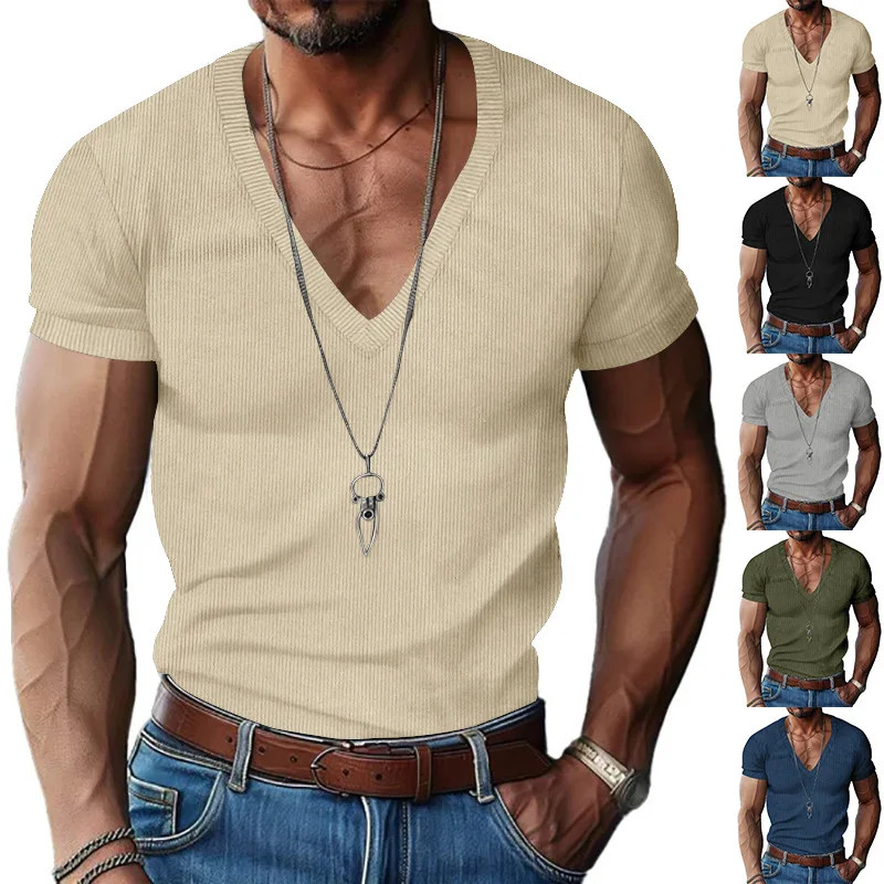 Men's corduroy European and American summer men's V-neck solid color slim gallery