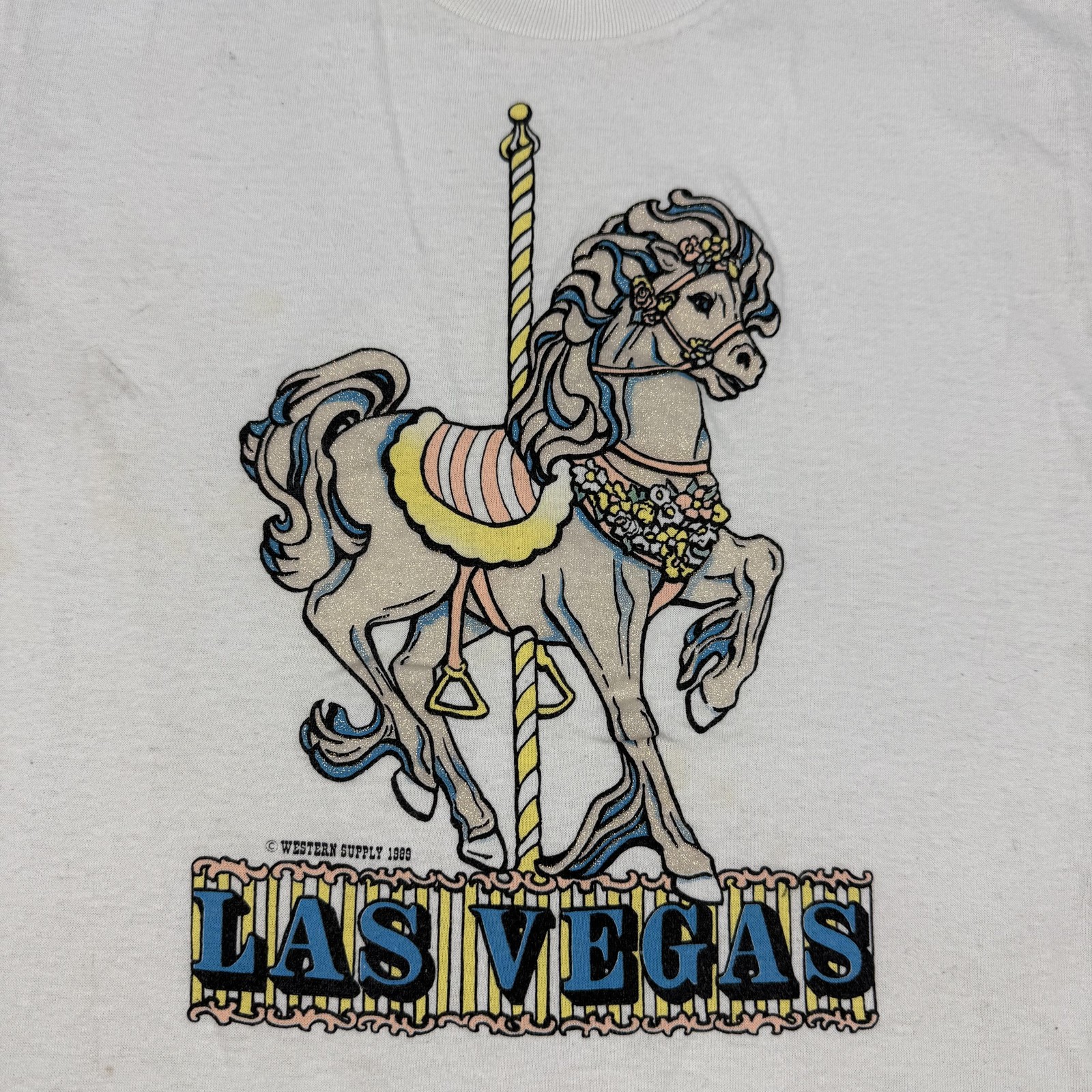 Vintage Las Vegas Carousel Horse Graphic Shirt Mens Medium White Glitter 80s gallery