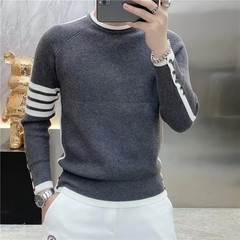 Four-bar Splicing Striped Bla Knitted Sweater Men’s Slim Base Shirt Ins Trendy