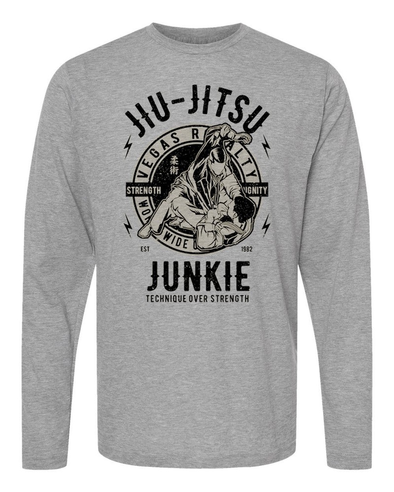 Jiu Jitsu Junkie Unisex Longsleeve Polyester Cotton T-Shirt Gray Vegas Royalty