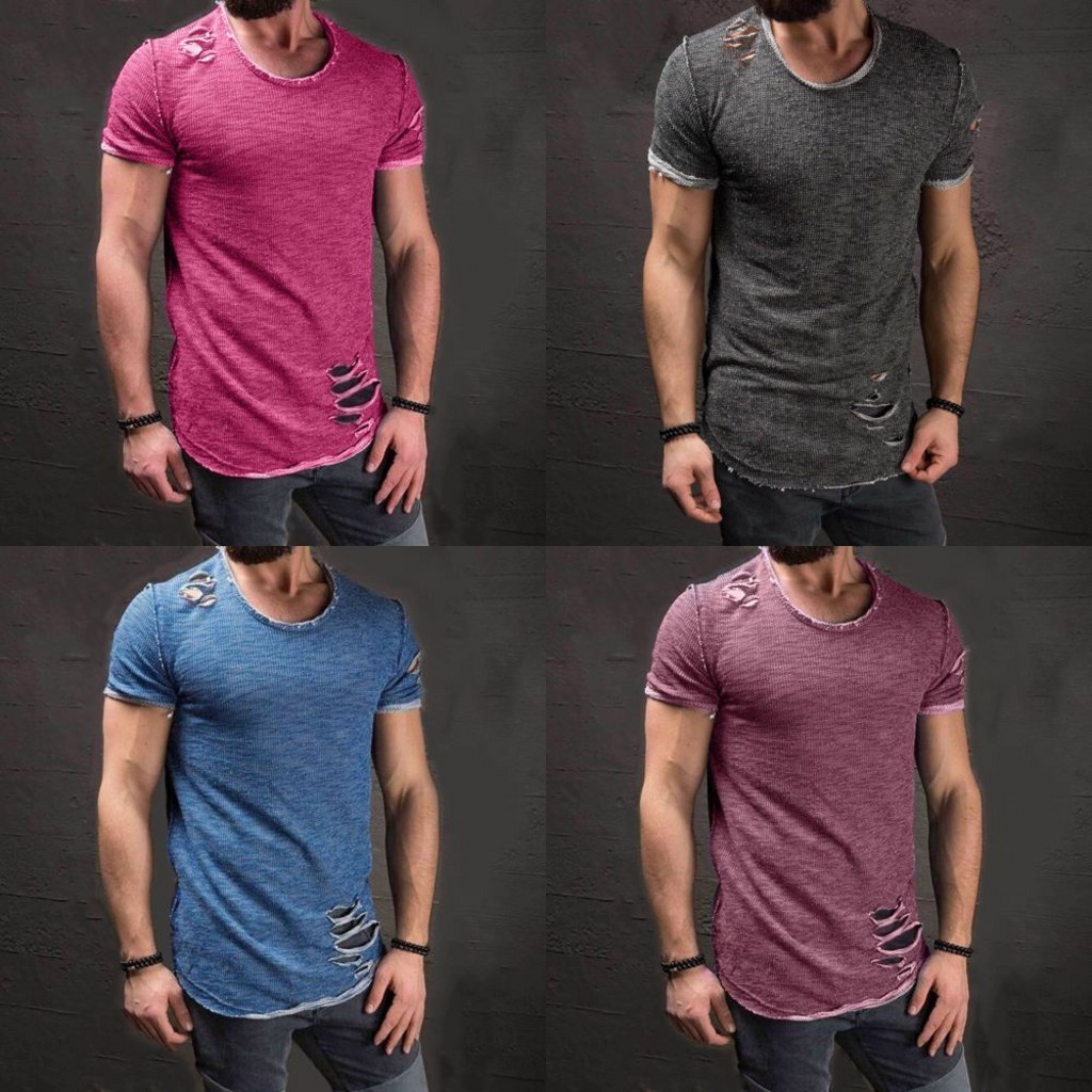 Hot Men's Slim Fit O Neck Short Sleeve Muscle Tops T-shirt Ripped Casual Blouse gallery