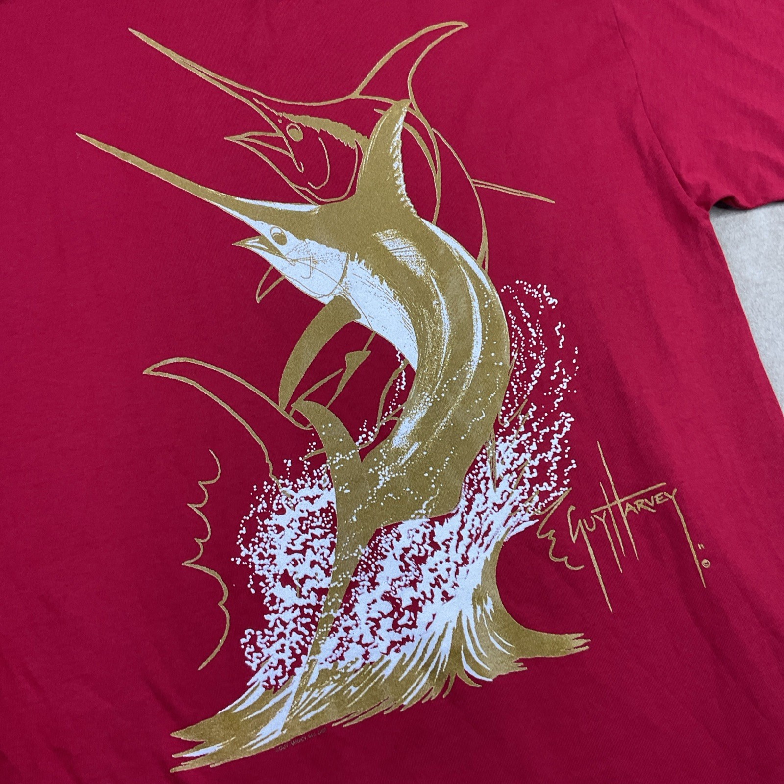 Vintage Guy Harvey T-Shirt Sz L Y2K Graphic Marlin Fish Red Gold Short Sleeve gallery