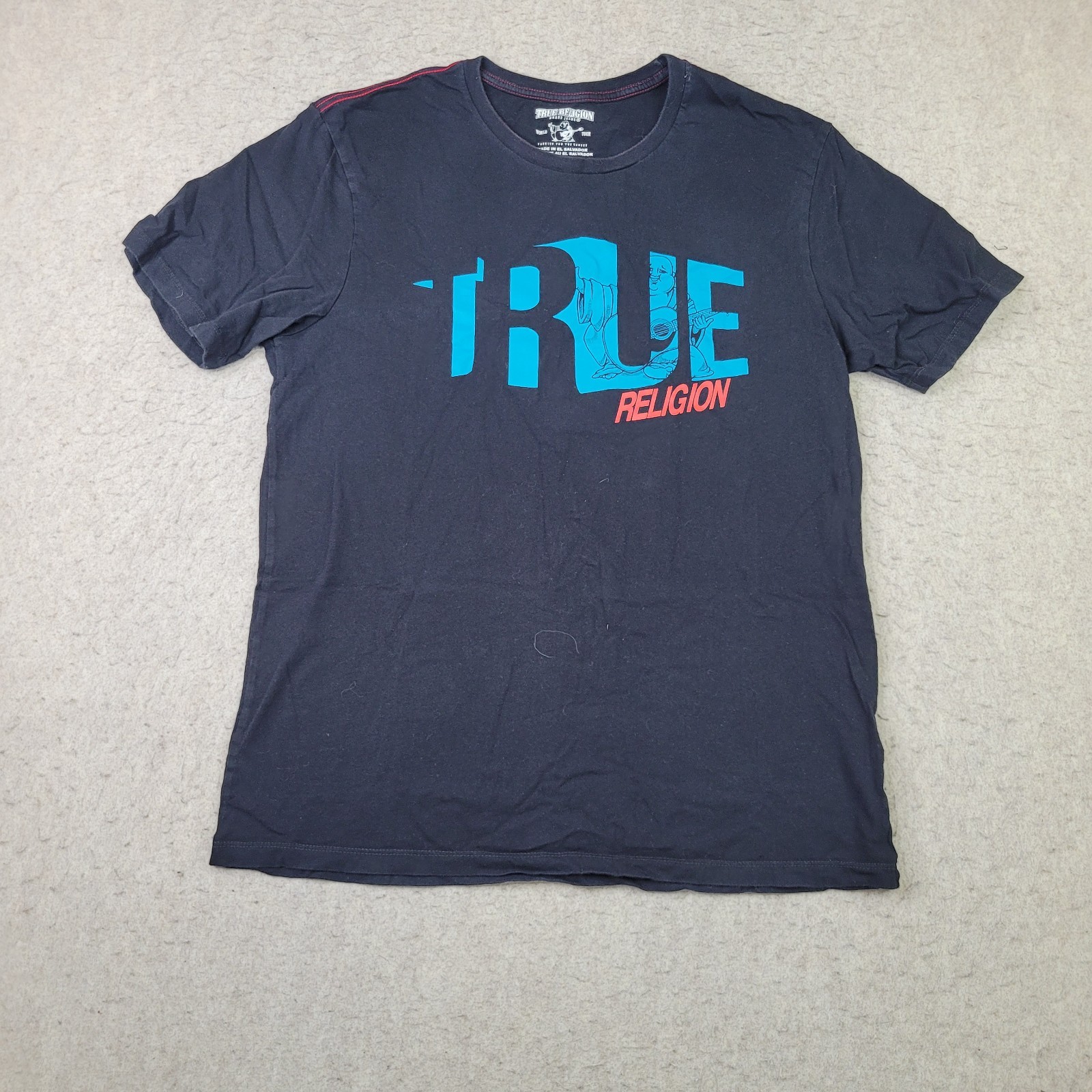 True Religion World Tour T Shirt Mens L Black Short Sleeve Blue Logo Spellout gallery