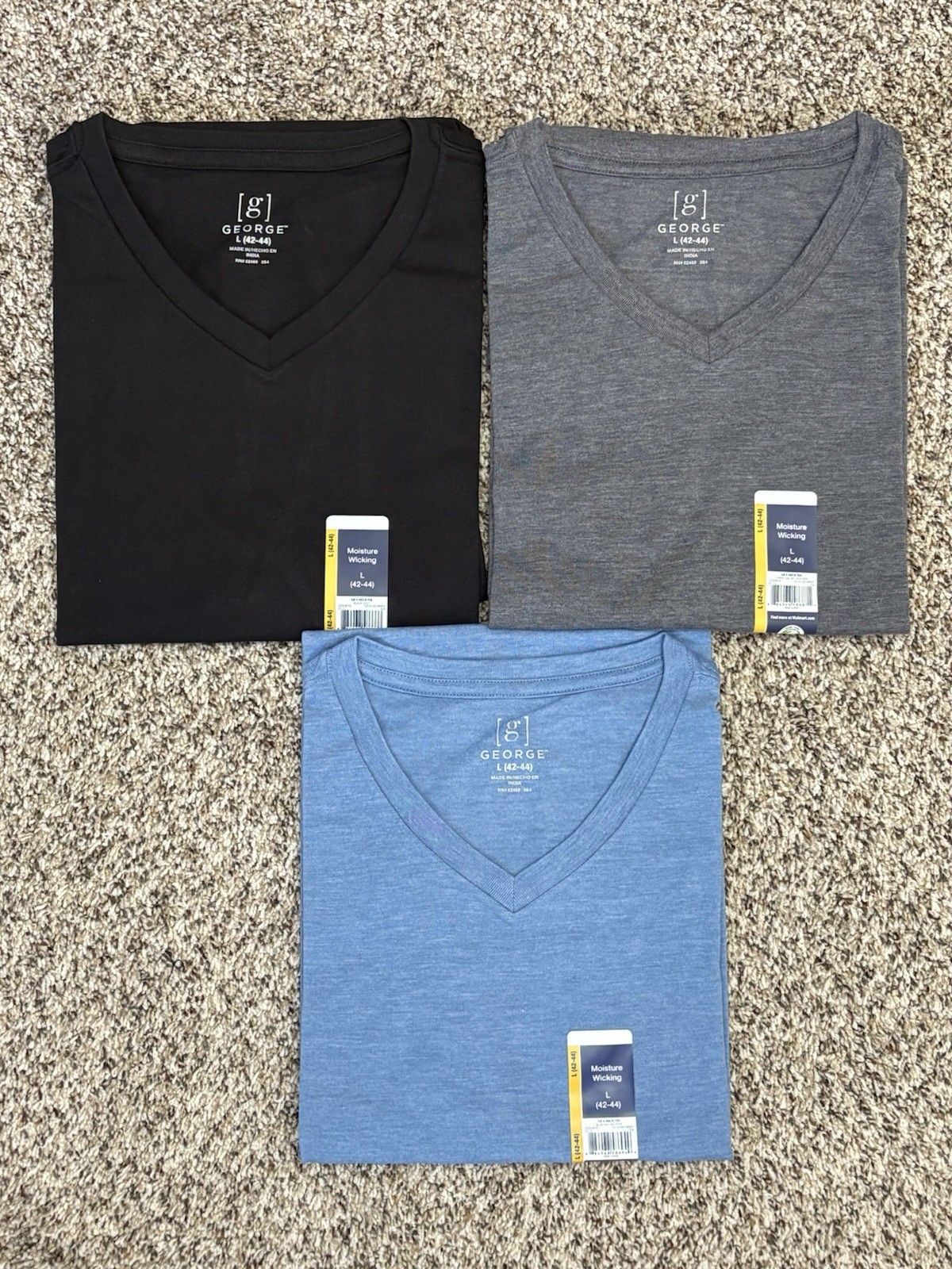 New George 3-PACK Men’s V-Neck T-shirt Tee Moisture Wicking Sz 42-44 LARGE (G1)