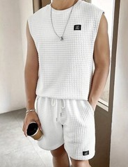 Men’s White Size L Quilted Textured Cut Off Crop Crewneck Sleeveless Muscle Tee