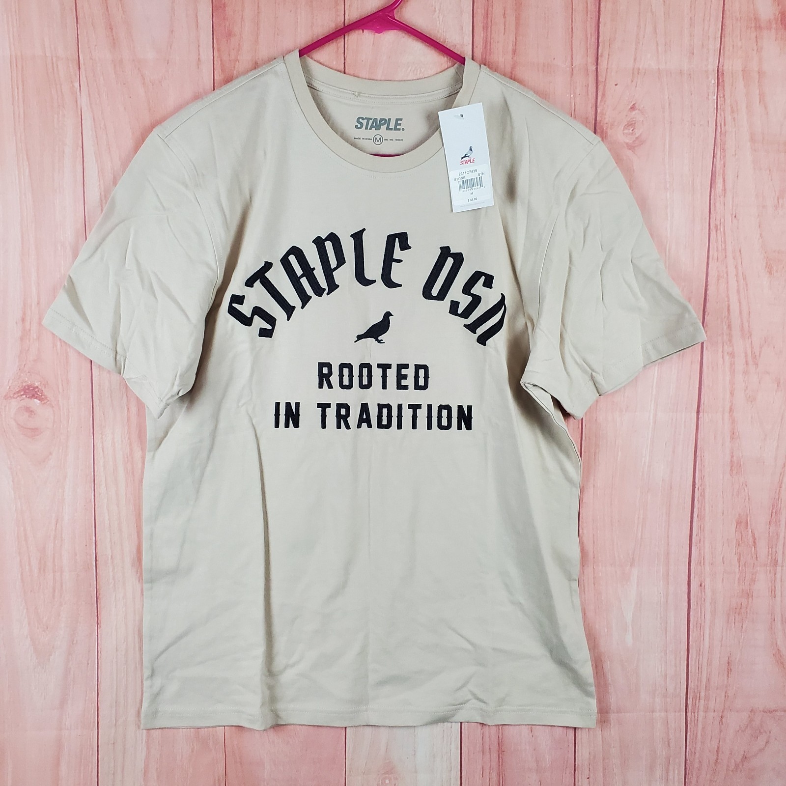 Staple T Shirt Mens Medium Beige Cotton Embroidered Rooted In Tradition Casual