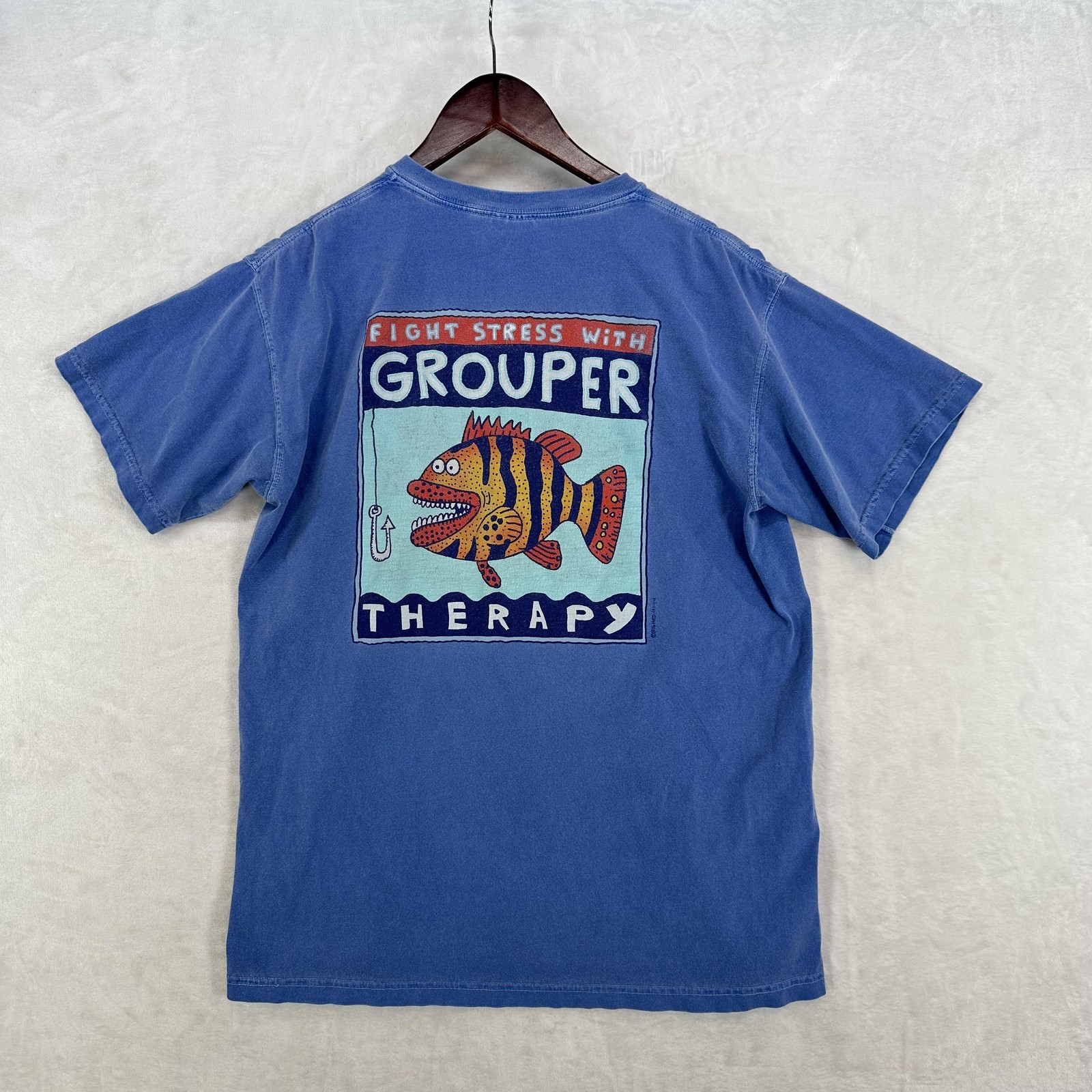 Vintage Grouper Therapy Shirt Mens Medium Blue John’s Pass Big Hed Tee Funny