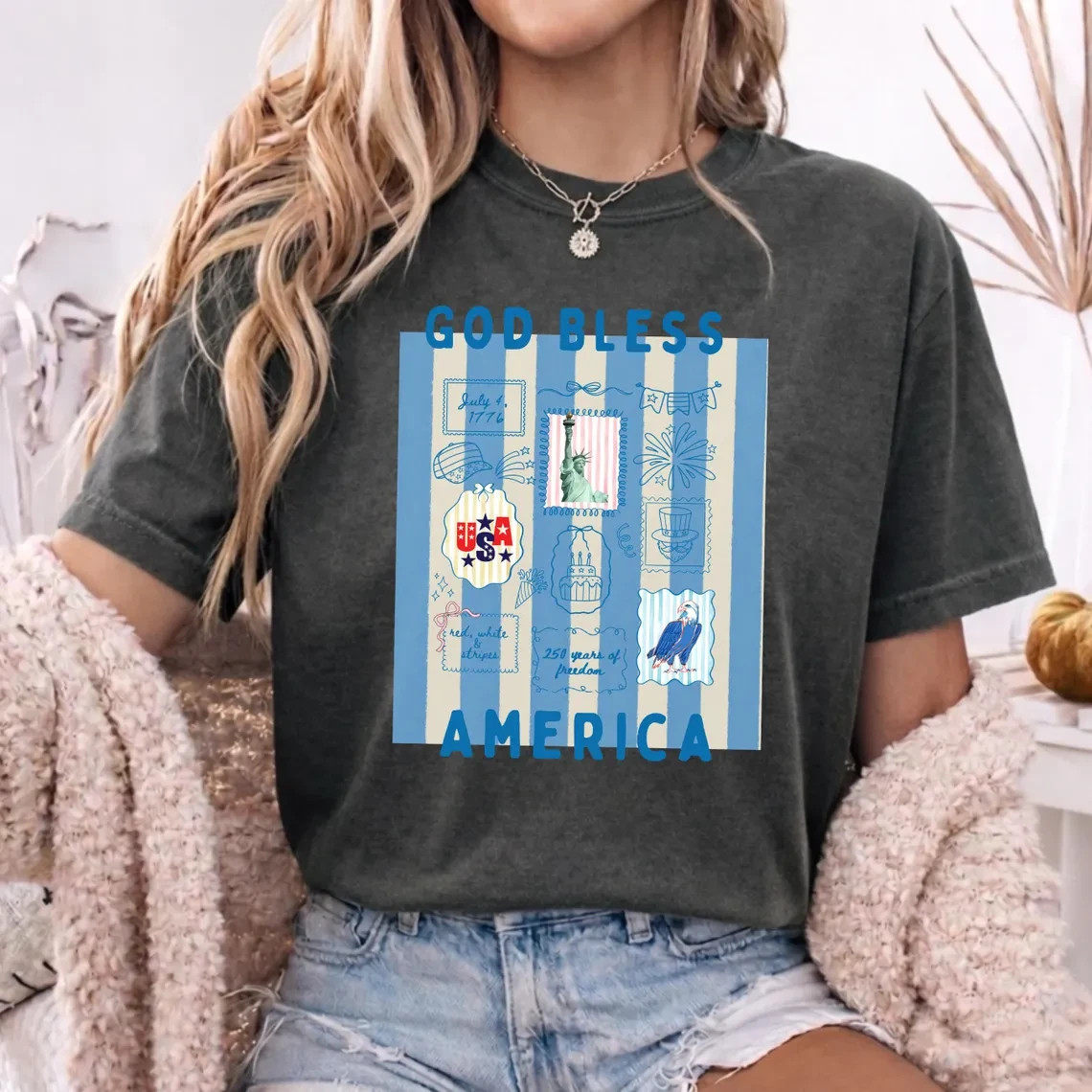 America 250th Anniversary Shirt Patriotic Light Blue Stripes Graphic Tee Women gallery