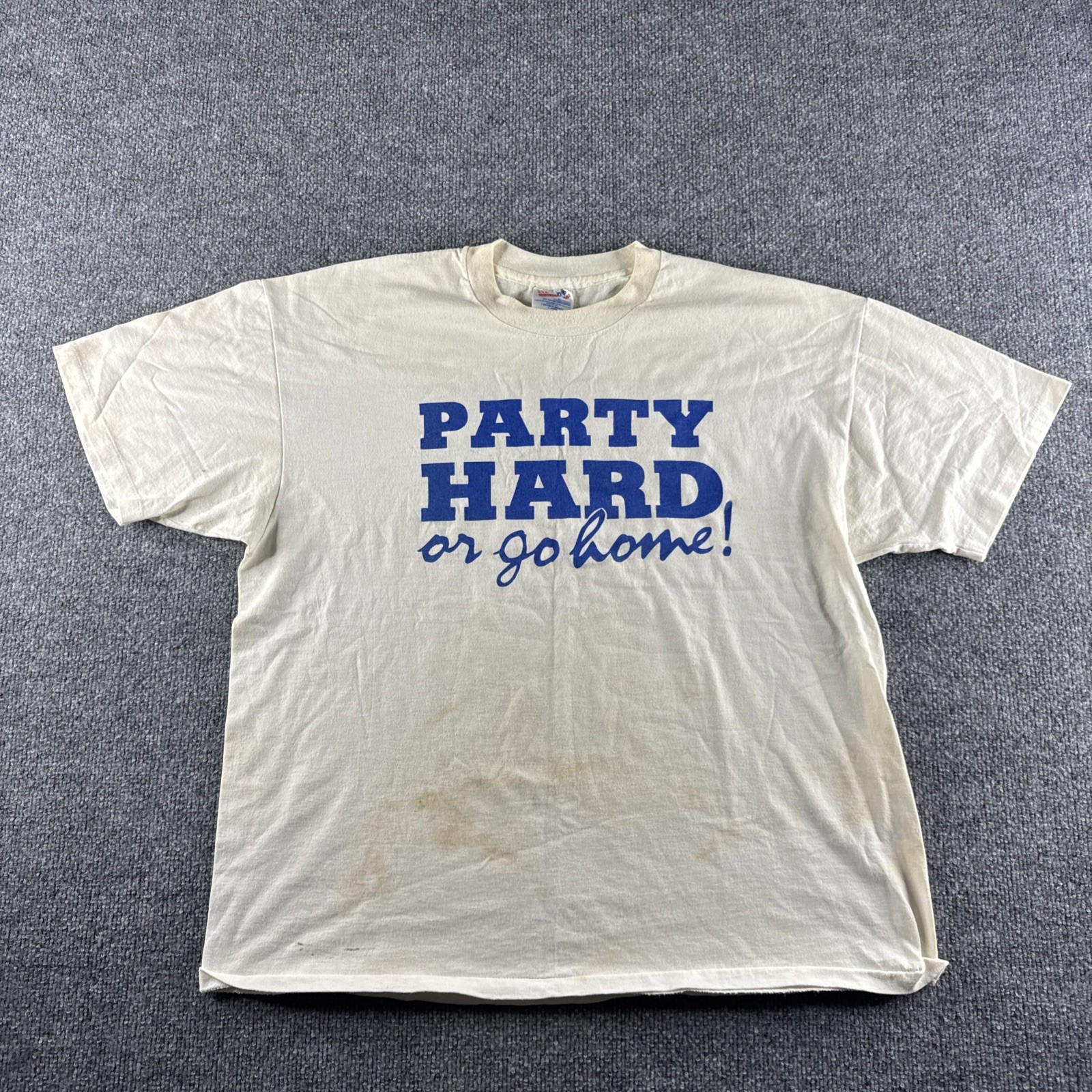 VINTAGE Party Hard Or Go Home Shirt Mens XL Club Lounge Bar White Funny 90s gallery