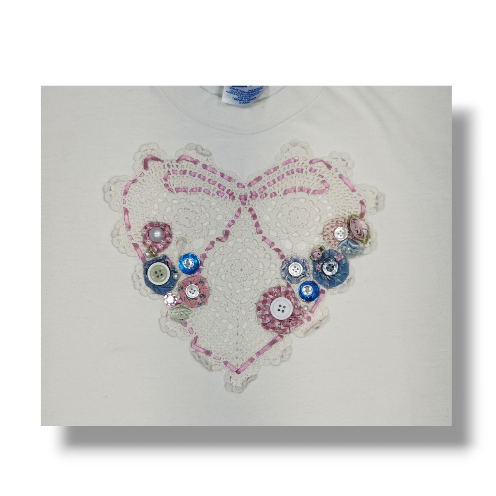 Vintage Hanes Beefy-t Crochet Heart Button Lace White 90's T-Shirt Unisex XL gallery