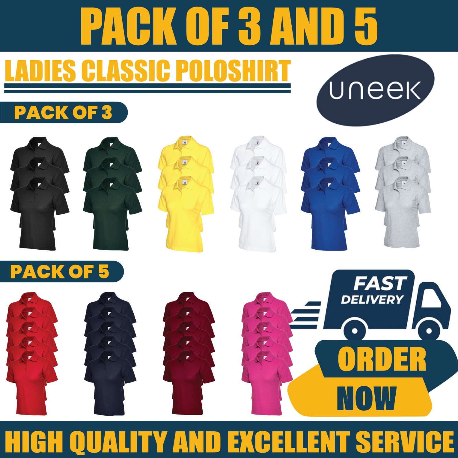 Pack of 3 & 5 Uneek Ladies Classic Polo shirt MULTI PACK workwear top UC106 gallery