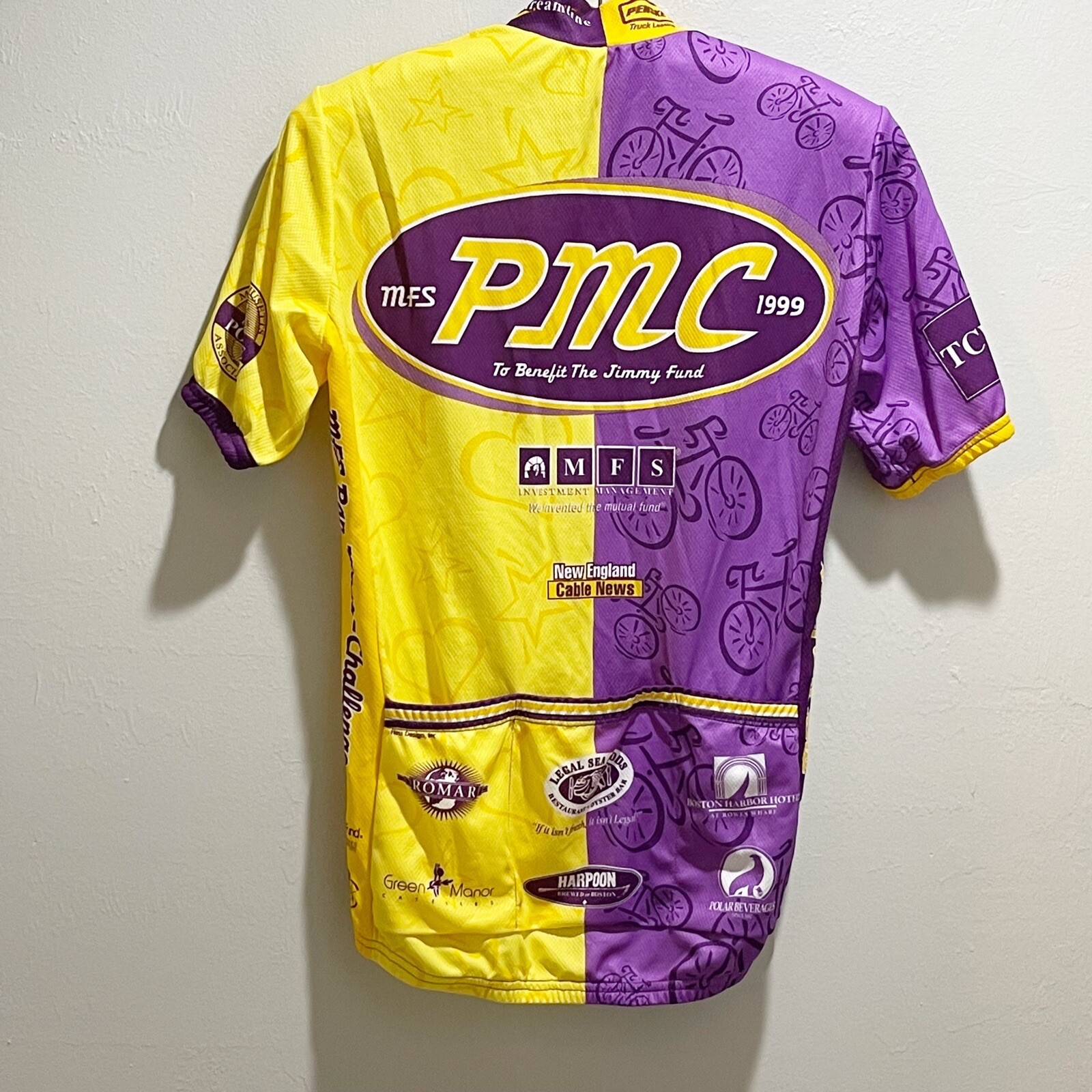 PEARL IZUMI Men’s CYCLING JERSEY Yellow Purple Pan-Mass Challenge 1999 Size M gallery