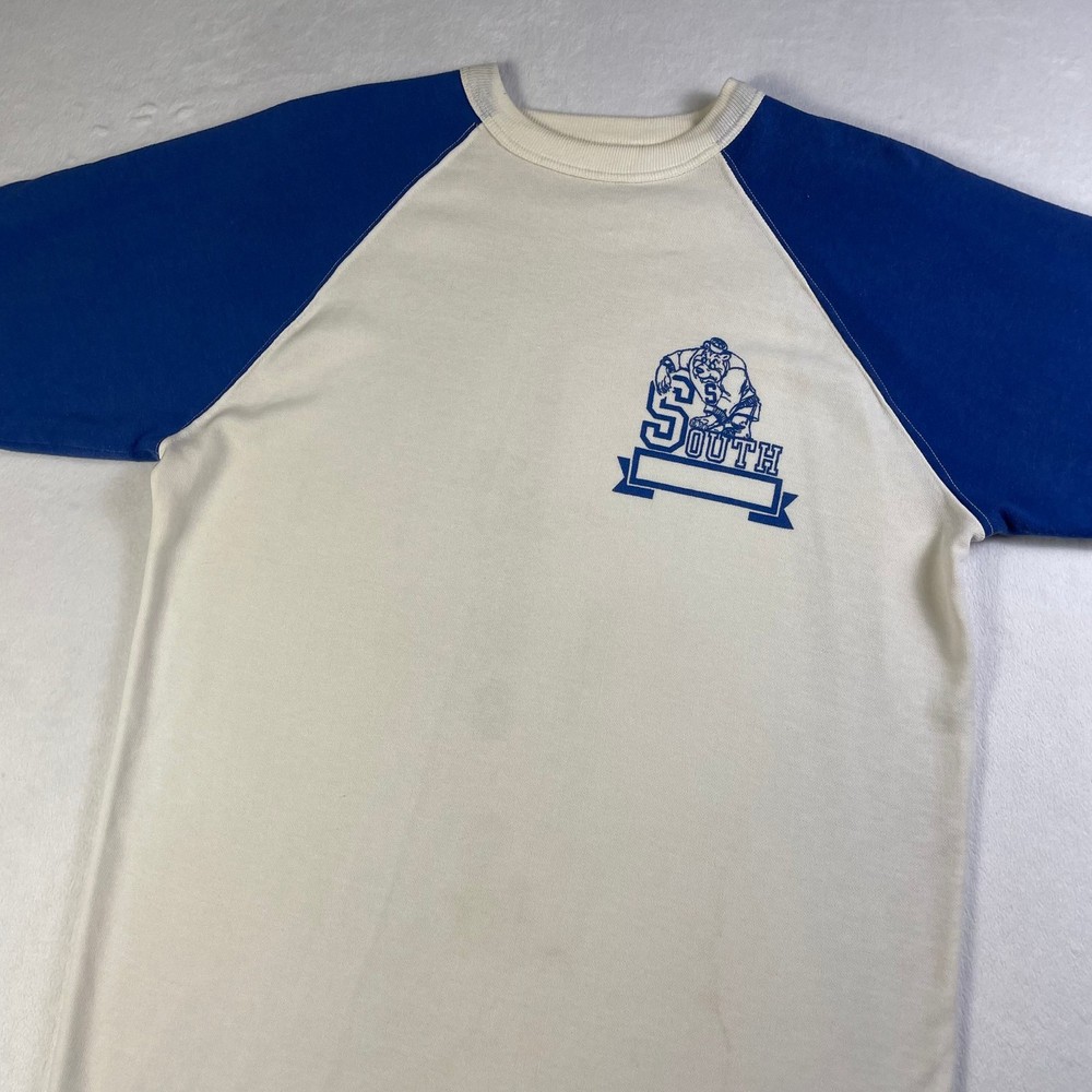 Vtg 70s Velva Sheen Phys Ed Tee L White Raglan South Gym Mascot Capsule Physical