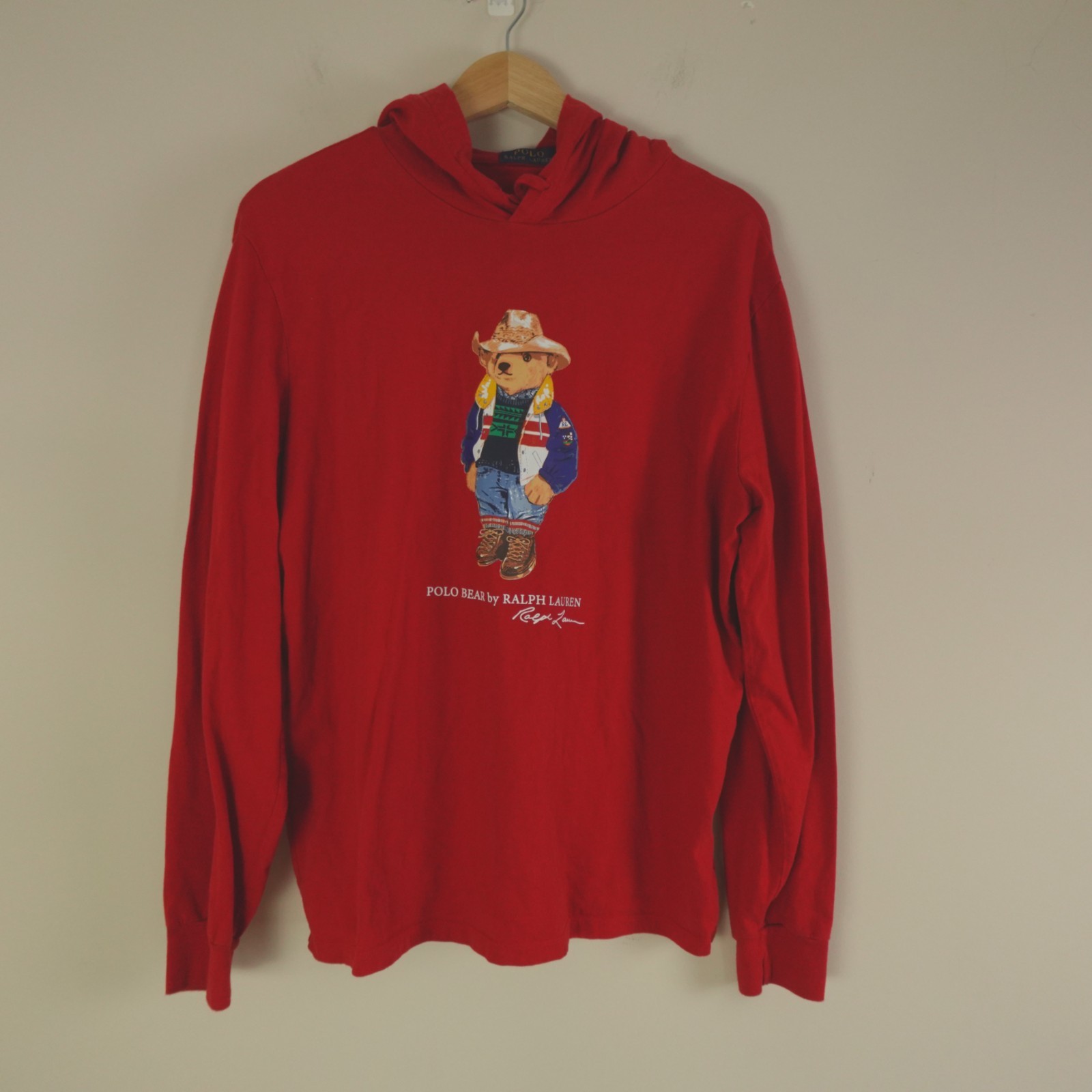 Ralph Lauren Polo Bear Pullover Large Red Sun Valley Jersey Hooded T Shirt gallery