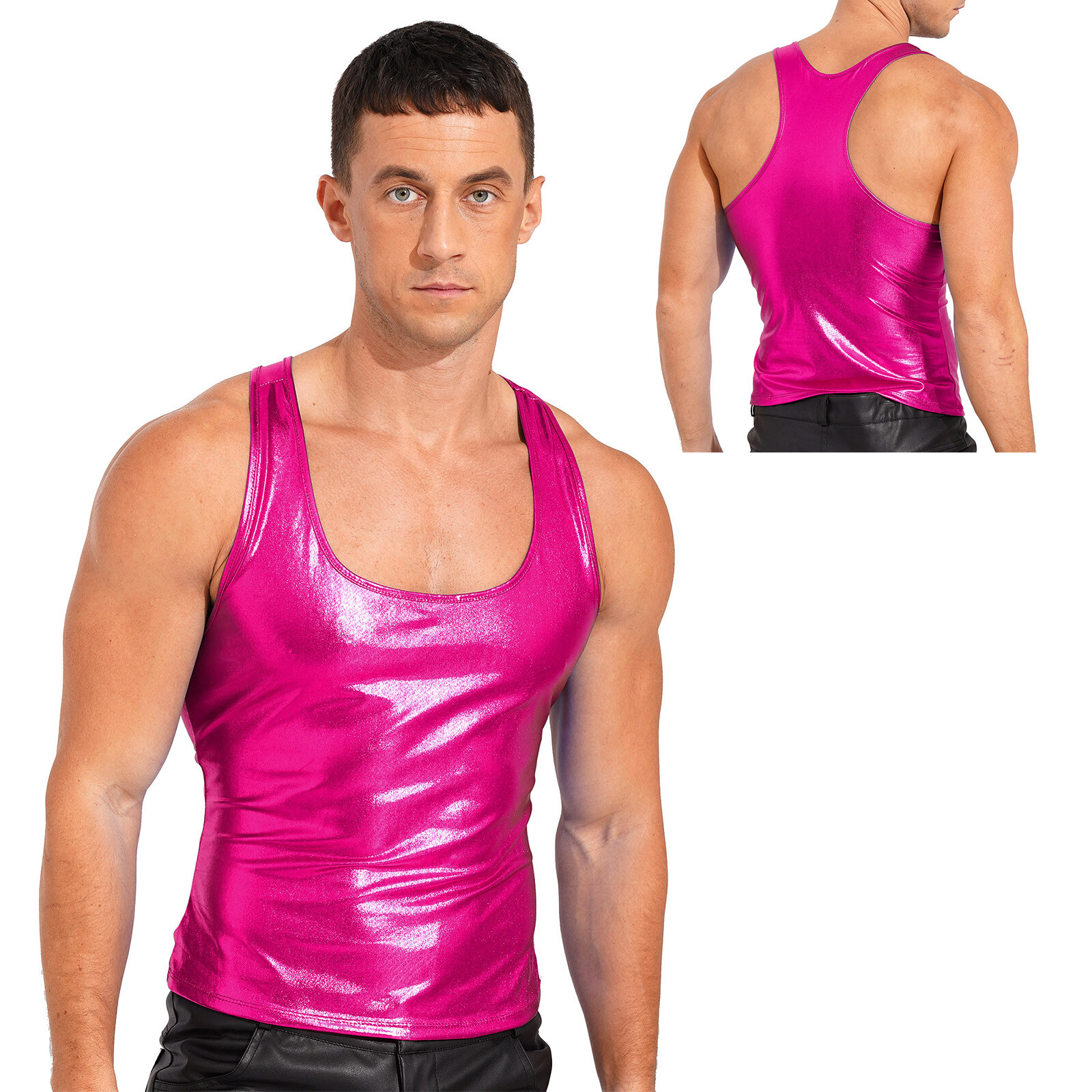 Men's Wet Look Faux Leather Vest Metallic Sleeveless Mock Neck Crop Tank Top gallery