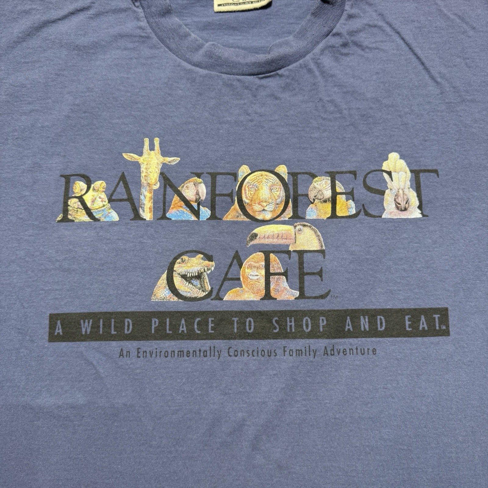 Vintage 90s Rainforest Cafe Animal Family Kingdom Nature Shirt Size Large Blue gallery
