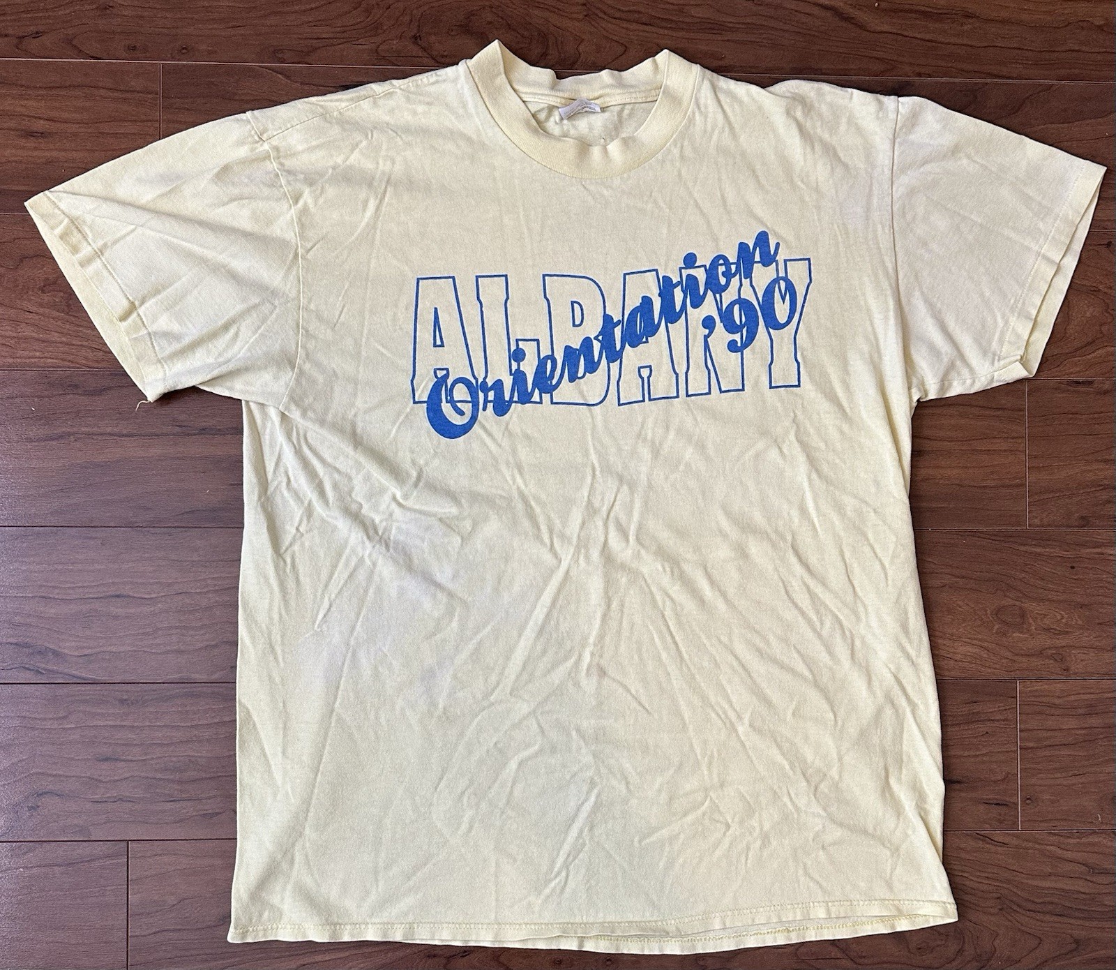 Vintage 1990 SUNY University At Albany NY Orientation Yellow T-Shirt XL USA Made