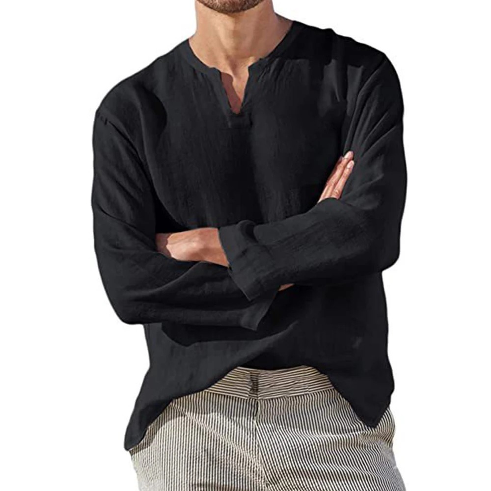 Breathable Cotton Linen Men's V-Neck Long Sleeve Casual Summer Shirt Top Premium gallery