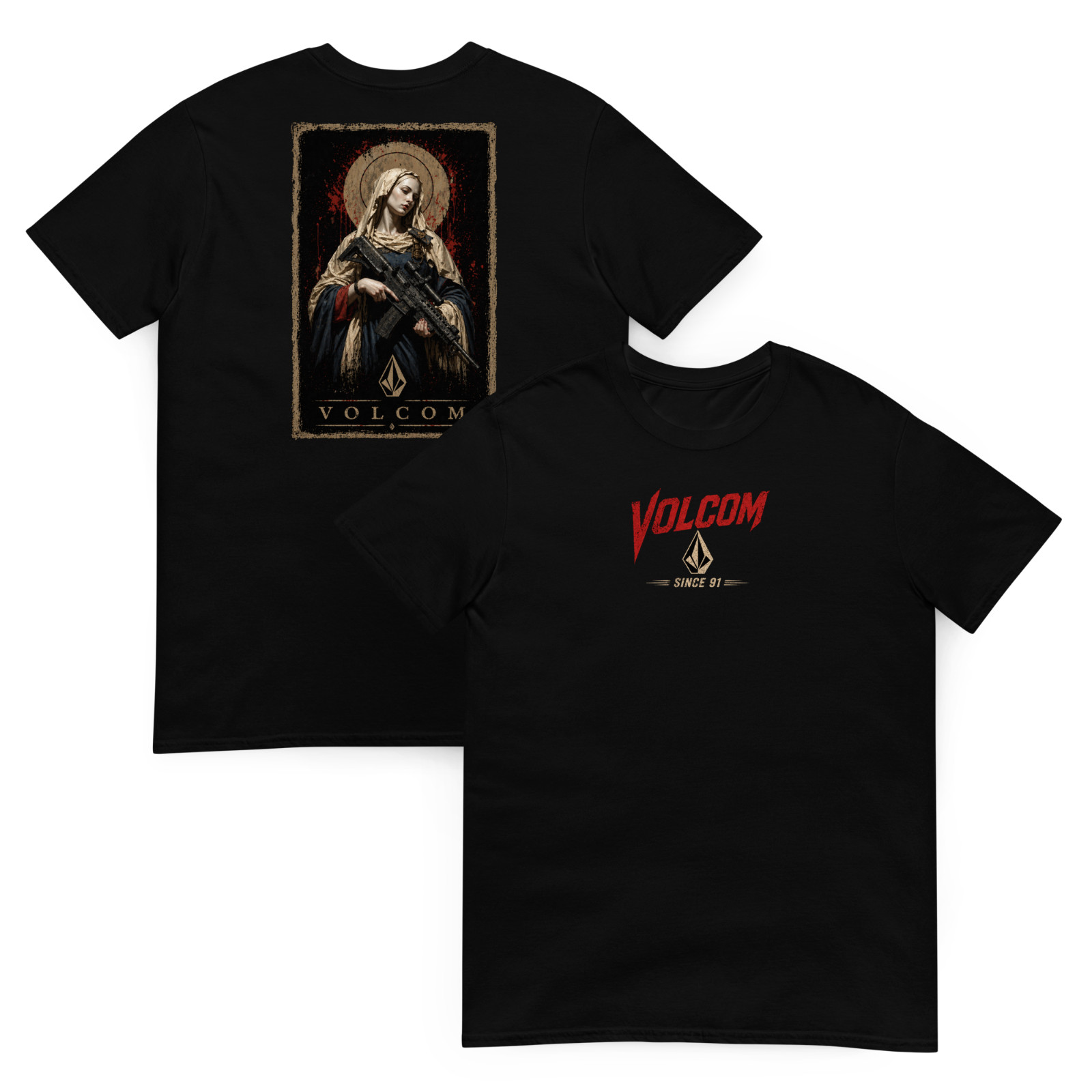 Volcom Gothic Saint Nun Rifle Graphic T Shirt Streetwear Skater Punk Tee gallery